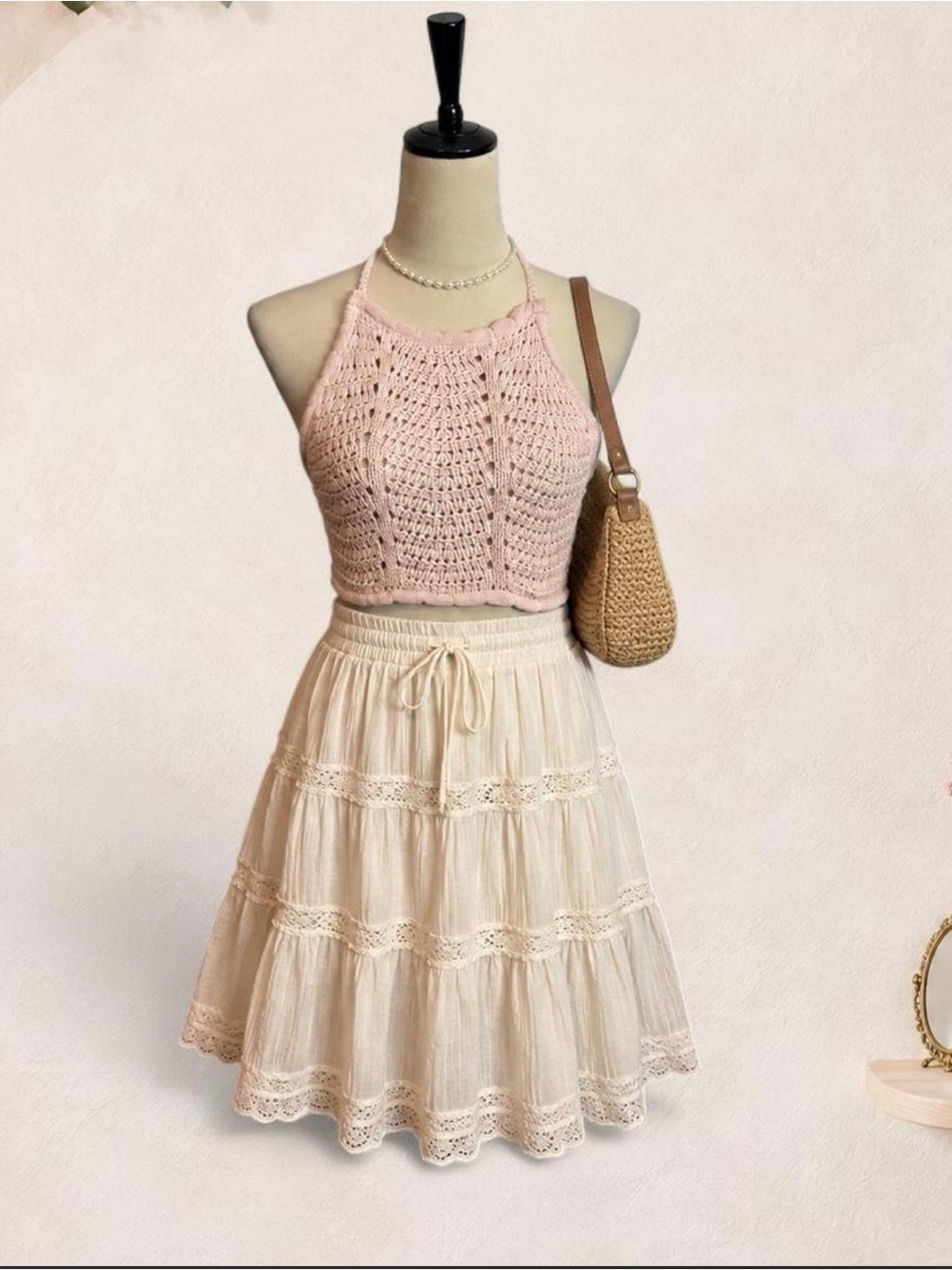 Cotton On Blush Pink Open Knit Halter Crop Top Medium Tie Back Boho Beach